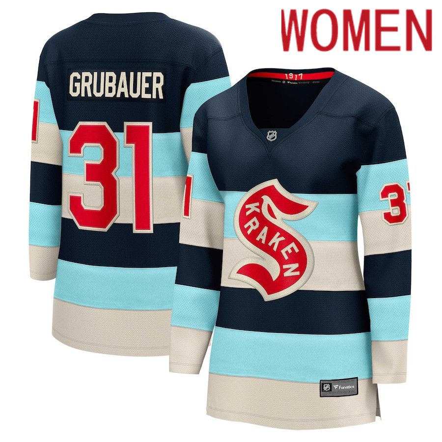 Women Seattle Kraken 31 Philipp Grubauer Fanatics Branded Deep Sea Blue 2024 NHL Winter Classic Breakaway Player Jersey